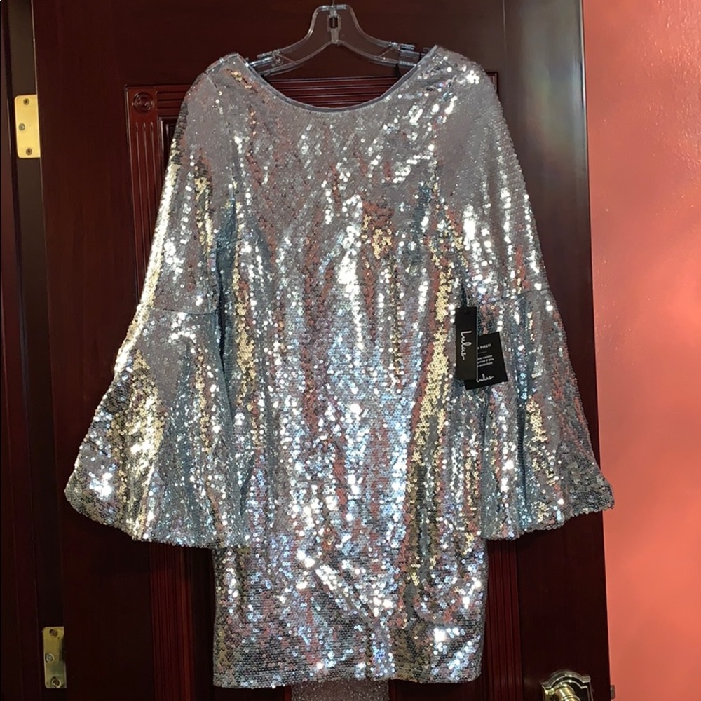 Lulu's Silver Sequin Bell Sleeve Backless Mini Dress